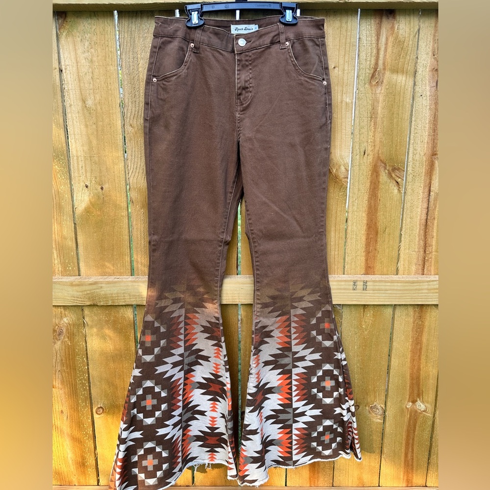 Brown Flare Jeans with Patterned Hem